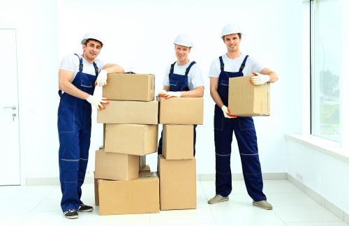 Commercial furniture and equipment being prepared for an office move in Cranford