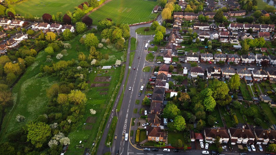 An aerial view of a residential neighbourhood showing a mix of detached and semi-detached houses with small gardens and driveways. The houses are situated along a tree-lined street with parked cars and moving vehicles visible. To the left, there is a large green park area with dense trees, lawn, and garden plots, indicating a peaceful community environment. The scene is captured in bright daylight with natural sunlight enhancing the vivid greens of the trees and grass. This image provides visual context for house removals and furniture transport services carried out by Man and Van Cranford, highlighting the typical suburban setting involved in local home relocation and packing and moving activities.
